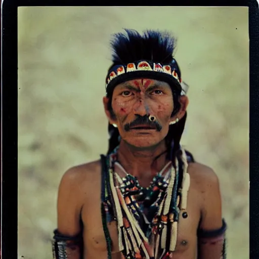 Prompt: polaroid of aztec tribes man by Tarkovsky