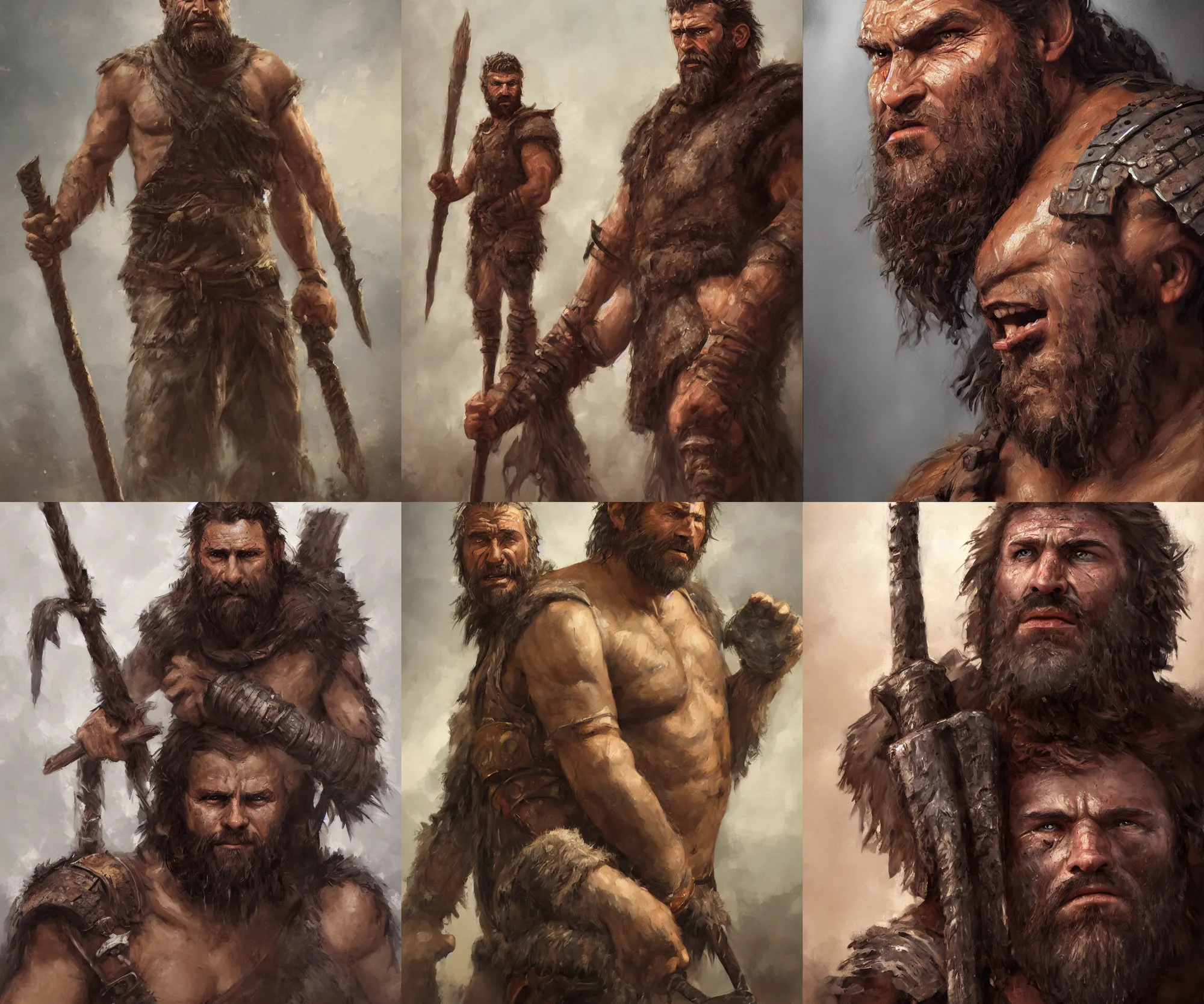 Prompt: a full body fantasy portrait oil painting illustration of a single rugged stoic barbarian man by Justin Sweet with face and body clearly visible, visible pupils, smooth brushwork, d&d, rpg, forgotten realms, artstation trending, high quality, sombre mood, artstation trending, muted colours, no crop, entire character!,