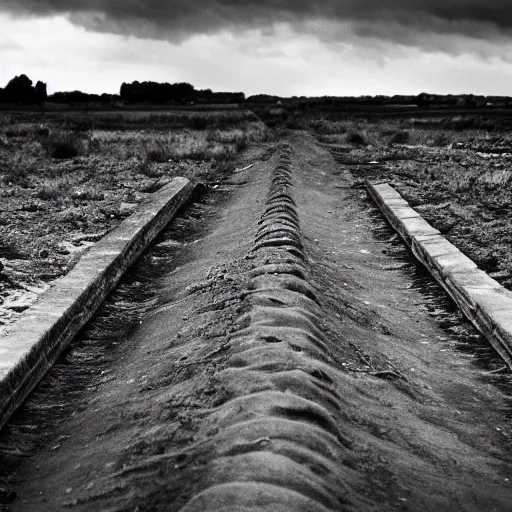 Prompt: World War 2 Battlefield desktop background, trenches, grey sky