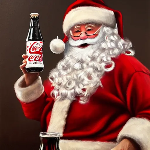 Prompt: very detailed masterpiece painting of santa holding a coca cola, portrait, artstation, concept art by greg rutkowski