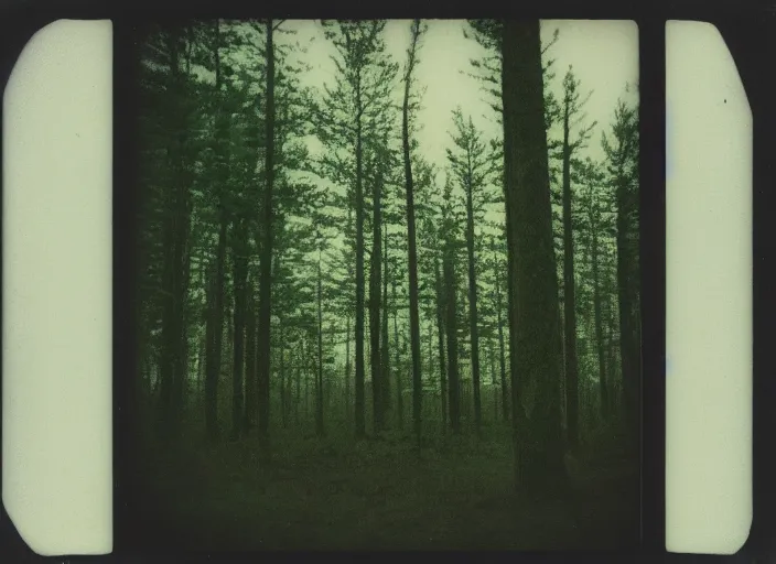 Prompt: aged blurry polaroid photograph of a forest at dusk