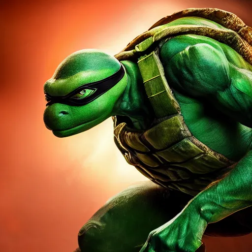 Image similar to teenage mutant ninja turtle, epic action movie still, hyper realistic award winning creature photography, epic volumetric lighting, border of glowing green radioactive ooze dripping, detailed face, golden ratio