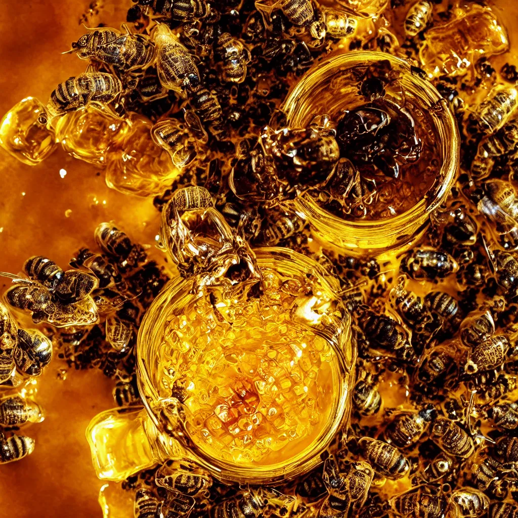 Image similar to dripping honey jar in the shape of a skull, with a honeycomb and surrounded by bees, product photography, glistening golden honey, sharp high contrast dramatic lighting, white backdrop