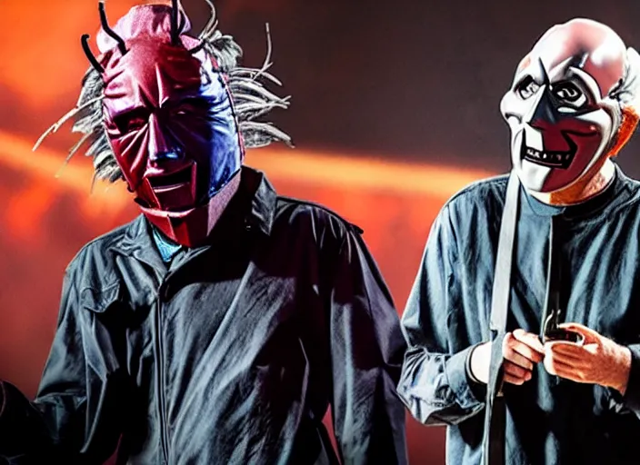 Image similar to publicity photo still of larry david wearing a slipknot mask touring with slipknot live on stage, 8 k, live concert lighting, mid shot