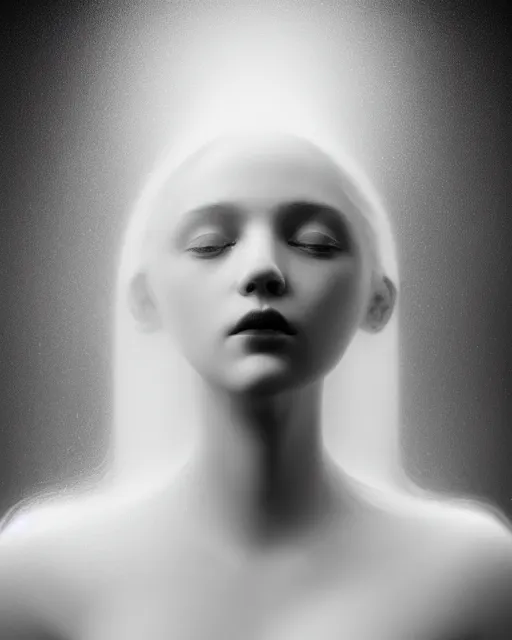 Prompt: soft, delicate, dreamy, subsurface scattering, white, young beautiful goddess in cosmos with very long white hair floating in air, fluid smoke art, black and white, octane render, dino valls, mark ryden, joe fenton, michal karcz, highly detailed, rim light, art, cinematic lighting, very coherent, hyper realism, 8 k