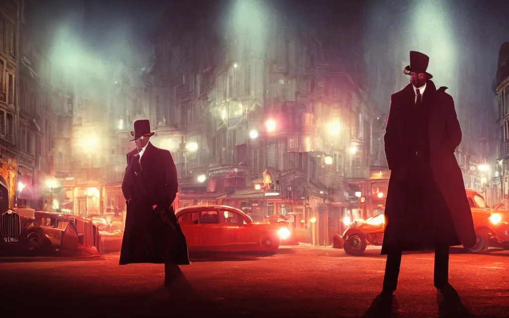 Prompt: One man in a trenchcoat armed with a ruby pistol in an early 20th century parisian street at night. Two cars are drifting around a lovecraftian creature with their lights on. A train station is visible in the background. 4k, dynamic, pulp, studio lighting, cinematic composition, vivid colors, low angle shot, (fish eye).
