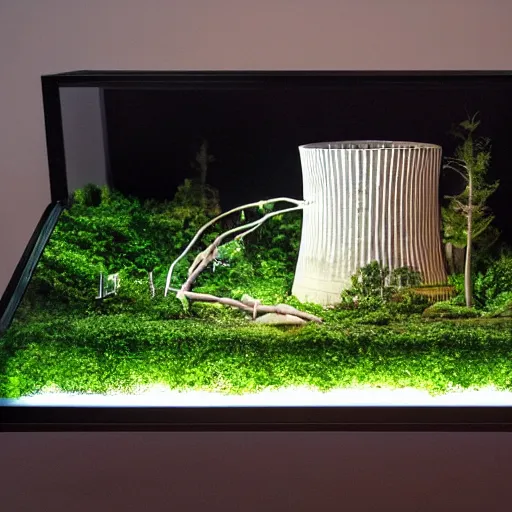 Image similar to a large terrarium with a diorama of a nuclear power station inside on top of a minimalist table, lit from the side