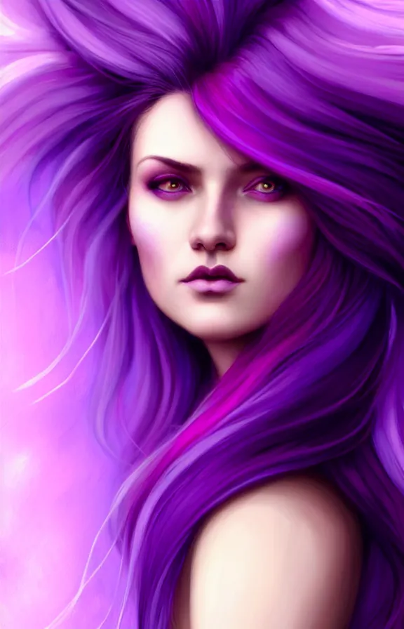 Image similar to Purple hair relistic Portrait of a woman with bright colored flying hair, all shades of purple. 100 mm, Beauty face, Hair coloring, fantasy, intricate, elegant, highly detailed, digital painting, artstation, concept art, smooth, sharp focus, illustration, art by artgerm and greg rutkowski and alphonse mucha