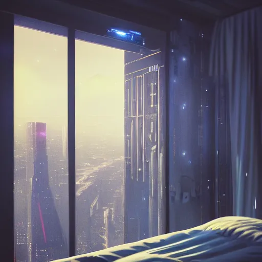 Prompt: the perfect view from a high rise sci - fi bedroom, star wars & bladerunner inspired, hyper realistic details, octane, redshift, trending on artstation, cinematic