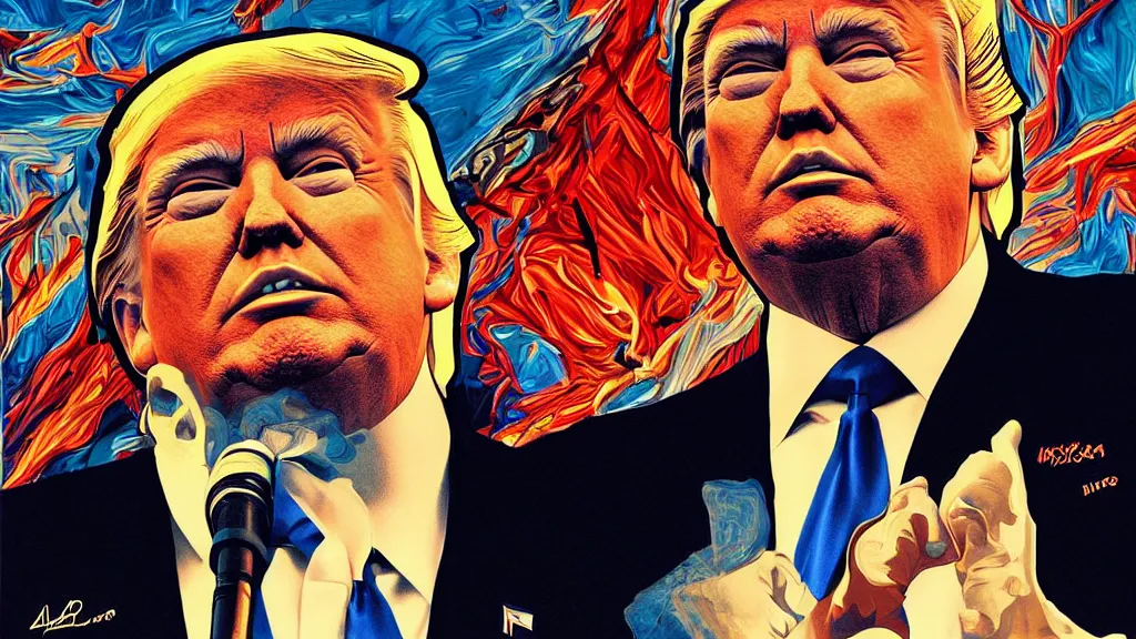 Image similar to donald trump apotheosis in the style of syd mead and alex grey