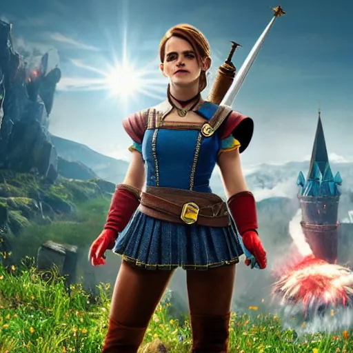 Prompt: emma watson as super mario super mario in the witcher 3, movie still, cinematic lighting, dramatic, octane render, long lens, shallow depth of field, bokeh, anamorphic lens flare, 8 k, hyper detailed, 3 5 mm film grain