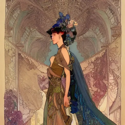 Image similar to a beautiful intricate watercolor illustration of a fashion show with runaway, 4 k, ultra - wide angle, by william turner, by victo ngai, by alphonse mucha, by moebius, by gustave dore, hd, trending on artstation, hyper detailed, muted intense colors