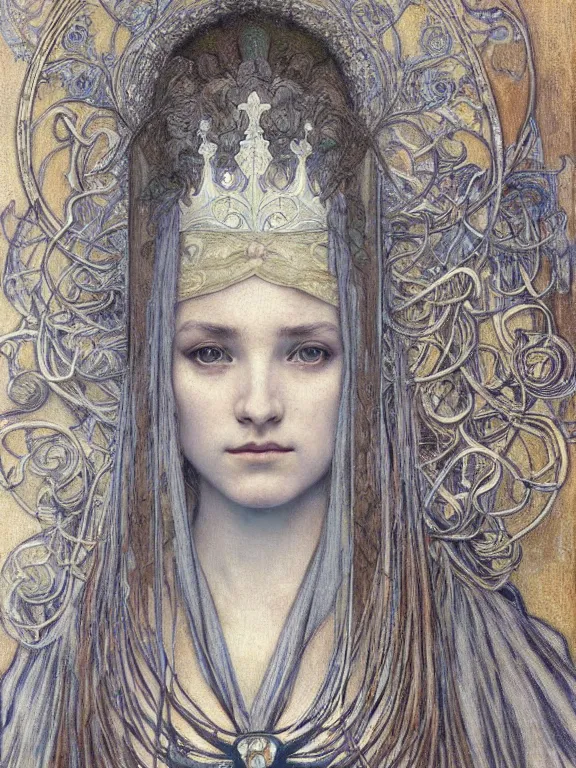 Image similar to detailed realistic beautiful young medieval queen face portrait by jean delville, alphonse mucha, vincent van gogh, and marco mazzoni, art nouveau, symbolist, visionary, gothic, pre - raphaelite