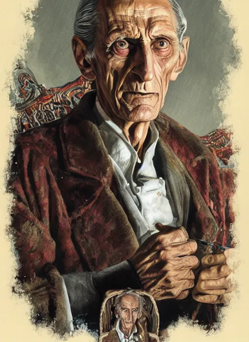 Prompt: portrait of Peter Cushing as Grimsdyke in Tales From the Crypt (1972), highly detailed, centered, solid color background, digital painting, artstation, concept art, smooth, sharp focus, illustration, artgerm, donato giancola, Joseph Christian Leyendecker, Les Edwards, Ed Repka, WLOP, Artgerm