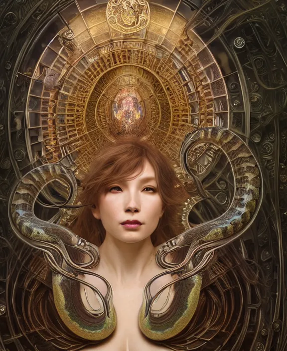 Prompt: intricate orderly opulent transparent clear see - through portrait of a scary beautiful masculine snake, fractal, mechanical, sci - fi environment, ultra realistic, concept art, art nouveau, photorealistic, octane render, 8 k, unreal engine. art by nori inoguchi and sam kaplan and zachary goulko and christopher marley and artgerm and alphonse mucha