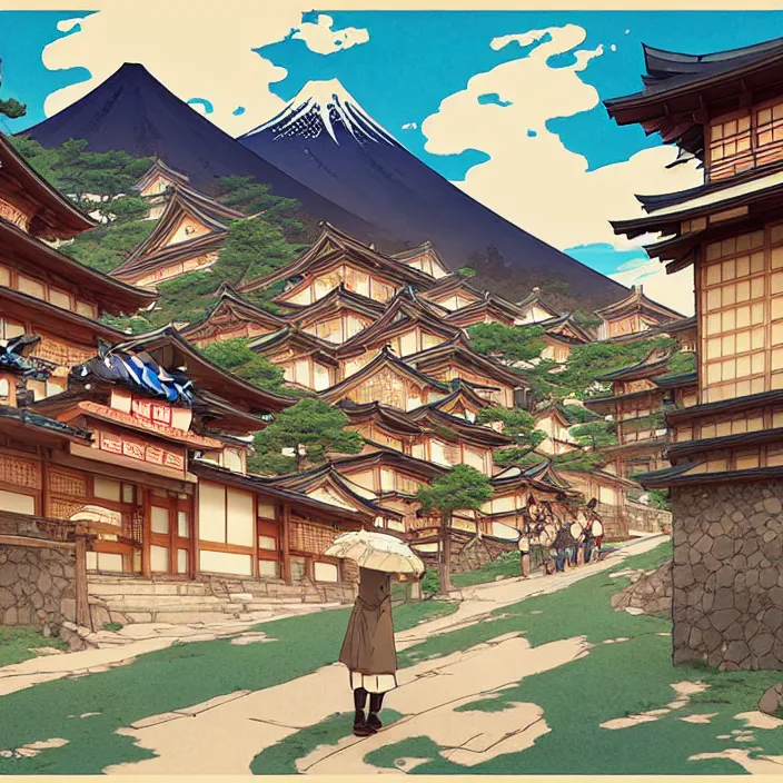 Prompt: japanese mountain town, summer, in the style of studio ghibli, j. c. leyendecker, greg rutkowski, artem