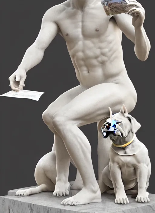 Image similar to a statue made of white marble with gold veins, of klay thompson reading the newspaper and petting his bulldog, full body shot, perfect symmetrical body, perfect symmetrical face, hyper realistic, hyper detailed, by johannen voss, by peter kemp, by monia merlo, by michelangelo, octane render, blender, 8 k