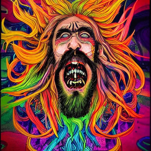 Image similar to a crazy man with long multi colored hair and a pointy beard smiling and making strange gestures as his face melts and inside his face are various psychedelic rebel monsters, psychedelic surreal cosmic bizarre horror