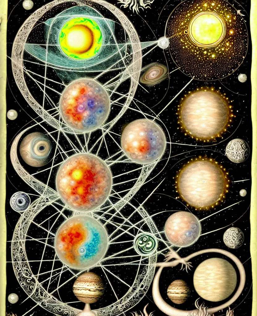 Image similar to whimsical uncanny creature alchemizes unique canto about'as above so below'being ignited by the spirit of haeckel and robert fludd, breakthrough is iminent, glory be to the magic within, to honor jupiter, painted by ronny khalil