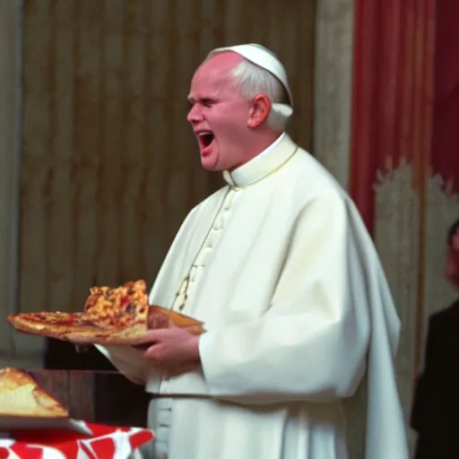 Image similar to john paul ii screaming at pizza