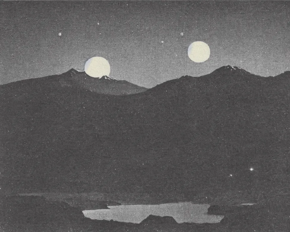 Prompt: achingly beautiful print of Mt. St. Helens, bathed in moonlight, by Hasui Kawase and Lyonel Feininger.