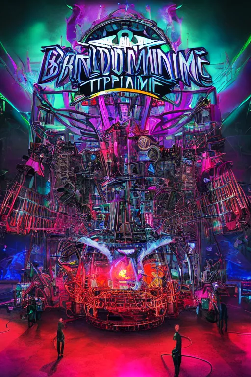 Image similar to mockup of a band tshirt, bandname is tripmachine, tourname is invasion of the tripmachines, realistic digital art, 3 d render of a huge futuristic steampunk generator, 8 k, fluorescent colors, halluzinogenic, multicolored, exaggerated detailed, unreal engine