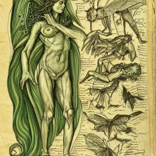 Image similar to page of an old anatomy book of fantastic creatures like leprechauns, fairies, dwarves and other, depicting the anatomy of a female magical fairy with golden green wings, long hair and elven features, old parchment