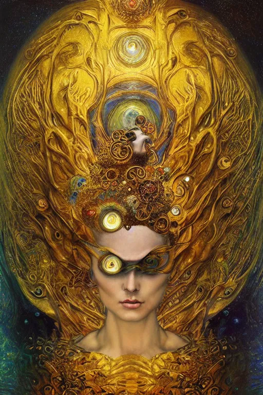 Image similar to Divine Chaos Engine by Karol Bak, Jean Deville, Gustav Klimt, and Vincent Van Gogh, beautiful visionary mystical portrait, sacred, otherworldly, fractal structures, ornate gilded medieval icon, third eye, spirals