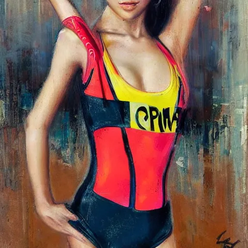 Prompt: a young gorgeous Chinese woman wearing sport racing competitive one piece swimsuit leotard, worksafe, by Tim Okamura