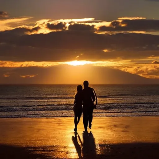 Image similar to Couple walking down a secluded beach during the golden hour quietly contemplating the newfound beauty discovered inside the other person while growing ever more deeply in trust and love between each other.