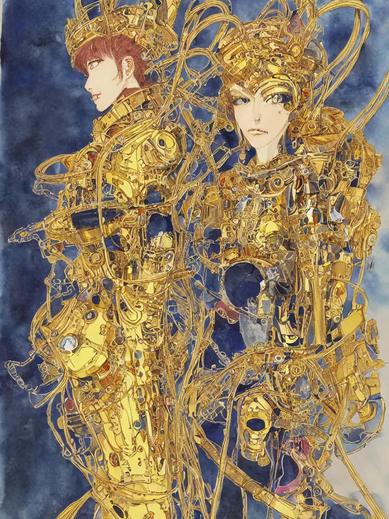 Prompt: a Royal portrait of gold android woman as illustrated by Yoshitaka Amano. 1991. Watercolor and Acrylic on Paper