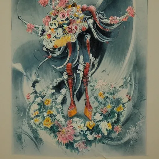 Prompt: Louis Icart, an old elaborate painting of an abstract robot tornado made entirely out of flowers, highly detailed, swirling, flowing, dancing, dreaming, bursting with positive energy, happy, creative, masterpiece - H 1024