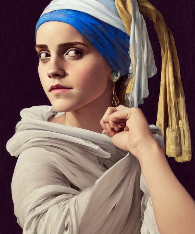 Prompt: Emma Watson as the girl with the pearl earring, highly detailed, digital painting, artstation, concept art, smooth, sharp focus, illustration, ArtStation, art by artgerm and greg rutkowski and alphonse mucha and J. C. Leyendecker and Edmund Blair Leighton and Katsuhiro Otomo and Geof Darrow and Phil hale and Ashley wood and Ilya repin and Charlie Bowater