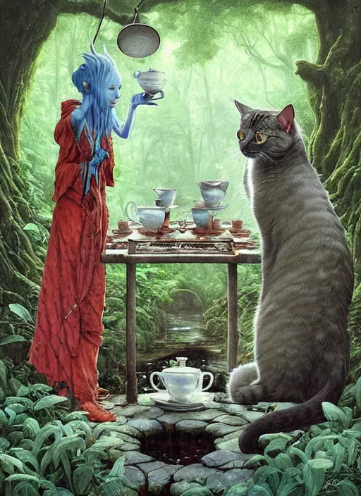 Image similar to cat having tea with a sorceress at a shrine in the woods by a stream, river gorgeous lighting, lush forest foliage blue sky a hyper realistic painting by chiara bautista and beksinski and norman rockwell and greg rutkowski weta studio, and lucasfilm