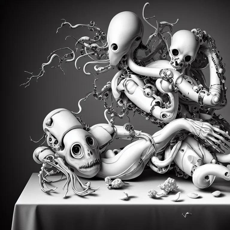 Prompt: still life of two cyborg lovers laying on a table, white flowers on a table, white alien squid, white octopus, , surreal alien ribbed white fruit, white human spine, baroque painting, beautiful detailed intricate insanely detailed octane render trending on Artstation, 8K artistic photography, photorealistic, chiaroscuro, Raphael, Caravaggio beautiful BW monochrome