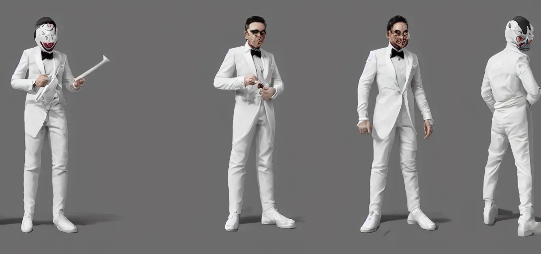 Image similar to character sheet concept art of a galaxy skin wearing a white tuxedo, realistic, hyperrealistic, photographic, costume, wlop, dan mumford, greg rutkowski, high detail, octane render, alexander mcqueen, james gurney, james jean, mucha, photo, 8 k, intricate