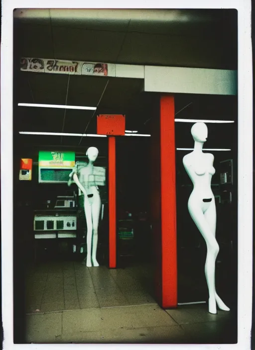 Image similar to polaroid photograph of the inside of an empty convenience store, liminal space, lonely, mannequins, black mold, cinematic, 3 5 mm, raw, unedited, 4 k, hd, the fifth element