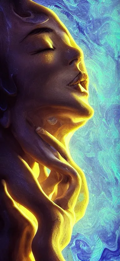 Prompt: epicillustration, abstract sculpture of beautiful female face and black swirling liquifying acrylic portrait, fluffy clouds, glowing edges, golden hour, beautiful light, 3 d sculpture of carving marble, dark colors, dark mood, one point light, golden spirals, epic matte painting, concept art, digital painting