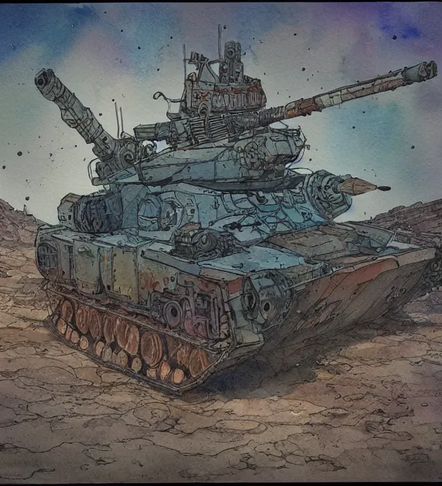 Image similar to a 3 / 4 view watercolor ink painting of a post - apocalyptic tank in the style of jean giraud in the style of moebius trending on artstation deviantart pinterest detailed realistic hd 8 k high resolution