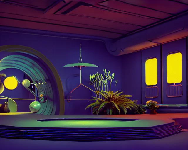 Prompt: low angle interior shot of a space port at night, pulp art, Art Deco, aquatical plants, cinematography by Jim Jarmusch, set design by Joseph Leyendecker and Robert McGinnis and Alfred Henry Maurer, 3d octane blender render, Hippie and boho fashion 1970s, kraut rock soundtrack