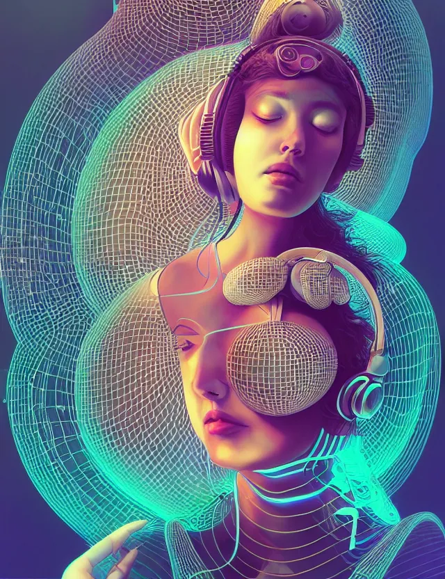 Prompt: 3 d goddess of music and 🔊 wide angle portrait with musical notes, headphones and torus geometry. subwoofer speaker, music, wave frequencies, cymatics. auditory symbiogenesis, synaesthesia, polyphonic communication, sonic projection, artwork by tooth wu and android jones wlop and android jones and beeple and greg rutkowski