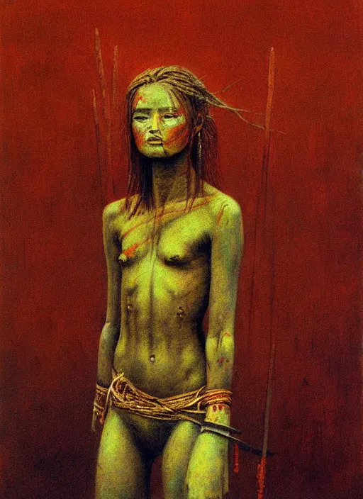 Prompt: warrior girl in tribal painting by Beksinski