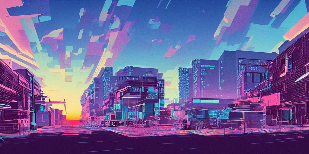 Image similar to brick apartment buildings street scene neon futuristic cyberpunk vaporwave tron glow sunset clouds sky illustration by syd mead