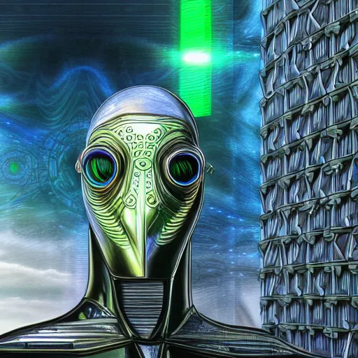 Prompt: a detailed 3 d render of a fashionable vin diesel extraterrestrial wearing a cybernetic majick celtic gas mask among the buildings of futuristic landscape in the style of william blake and alex grey and escher in the style of dark fantasy, fantasy art deco, magic realism, award winning art, muted colors,