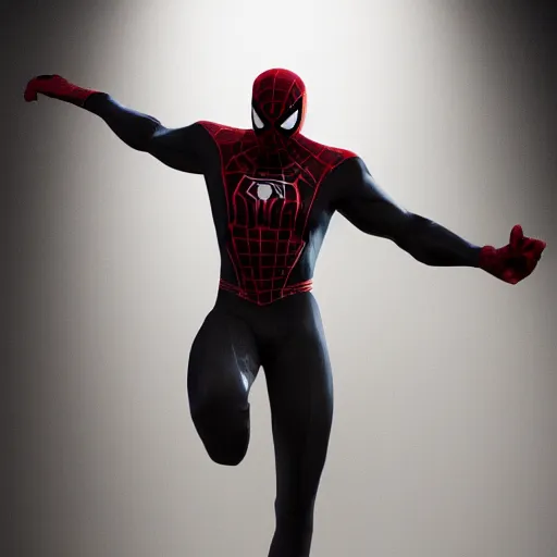 Image similar to black spider - man suit with white web lining, cinematic, volumetric lighting, realistic, hyperdetailed, photorealistic, photograph