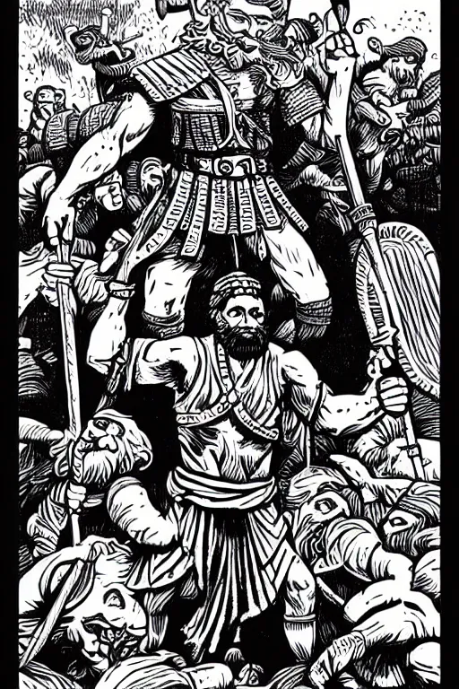 Image similar to ancient historically accurate depiction of the Bible Character Goliath of Gath, the Philistine warrior giant by mcbess