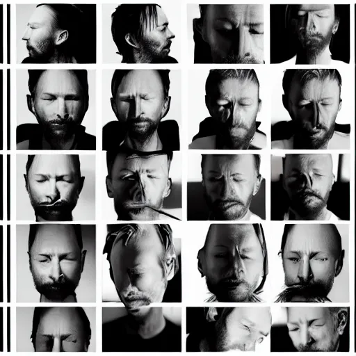 Prompt: versions of variations, hyper realistic, many variations of thom yorke, face variations, various emotions, various poses, high quality, intricate details, beautiful lighting