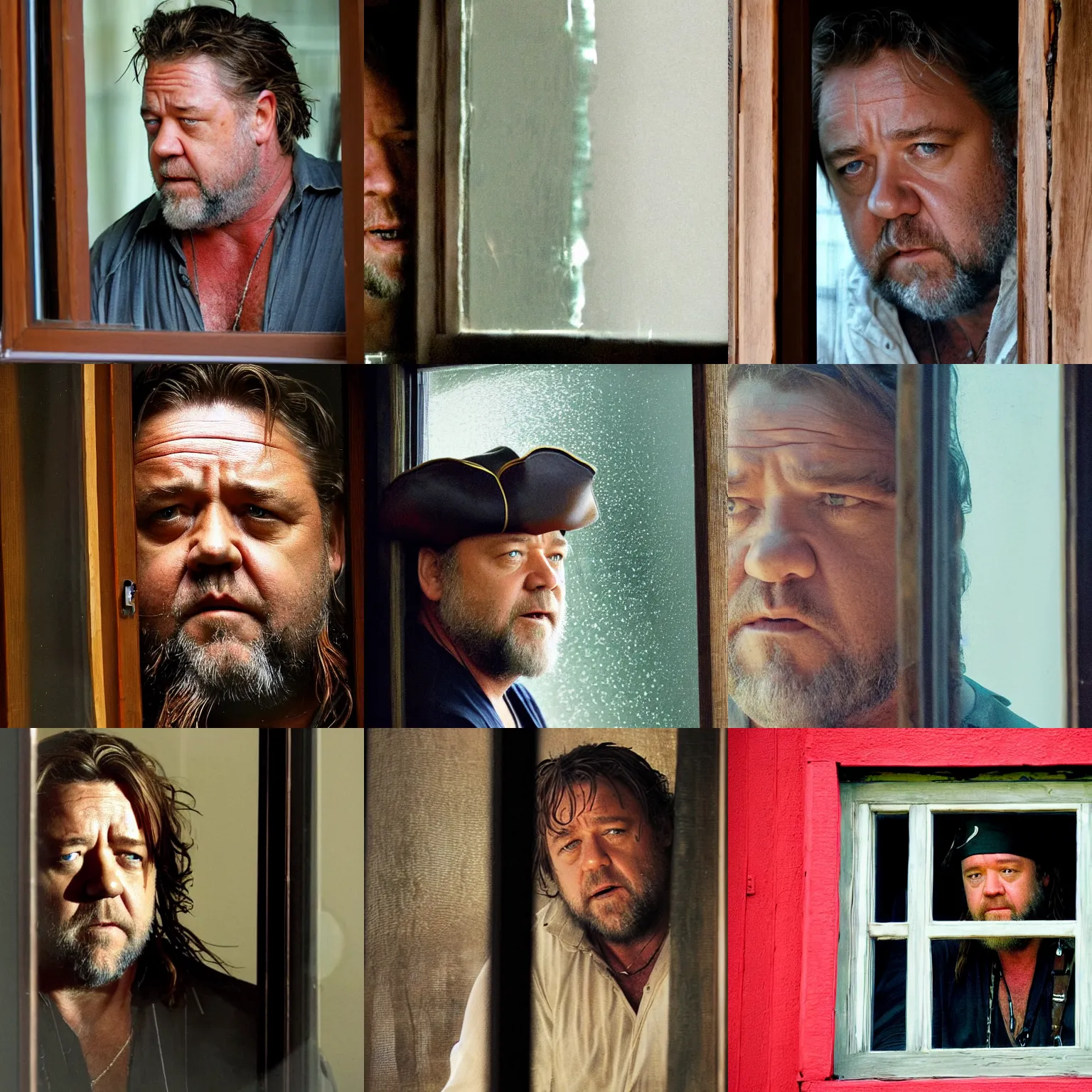 Prompt: russell crowe wearing enormous big pirate hat peering out concerned down to camera from a small dusty glass window in a wooden wall, 2 0 1 2