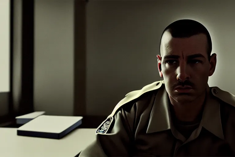 Prompt: a cinematic painting of a male prison guard, sat at a desk, ultra realistic, dramatic, soft light, dreamy, facial features, detailed, deep focus, movie still, dramatic, ray tracing, by annie leibovitz