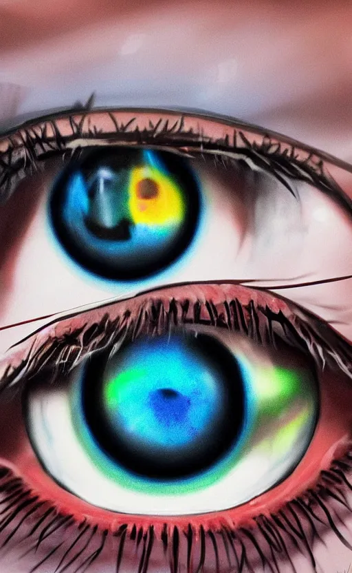 Image similar to image of an eyeball with iridescent pupil, art, photorealistic, realistic, photo, 8K, HDR, 8K resolution, detailed, high quality, high resolution, lossless quality